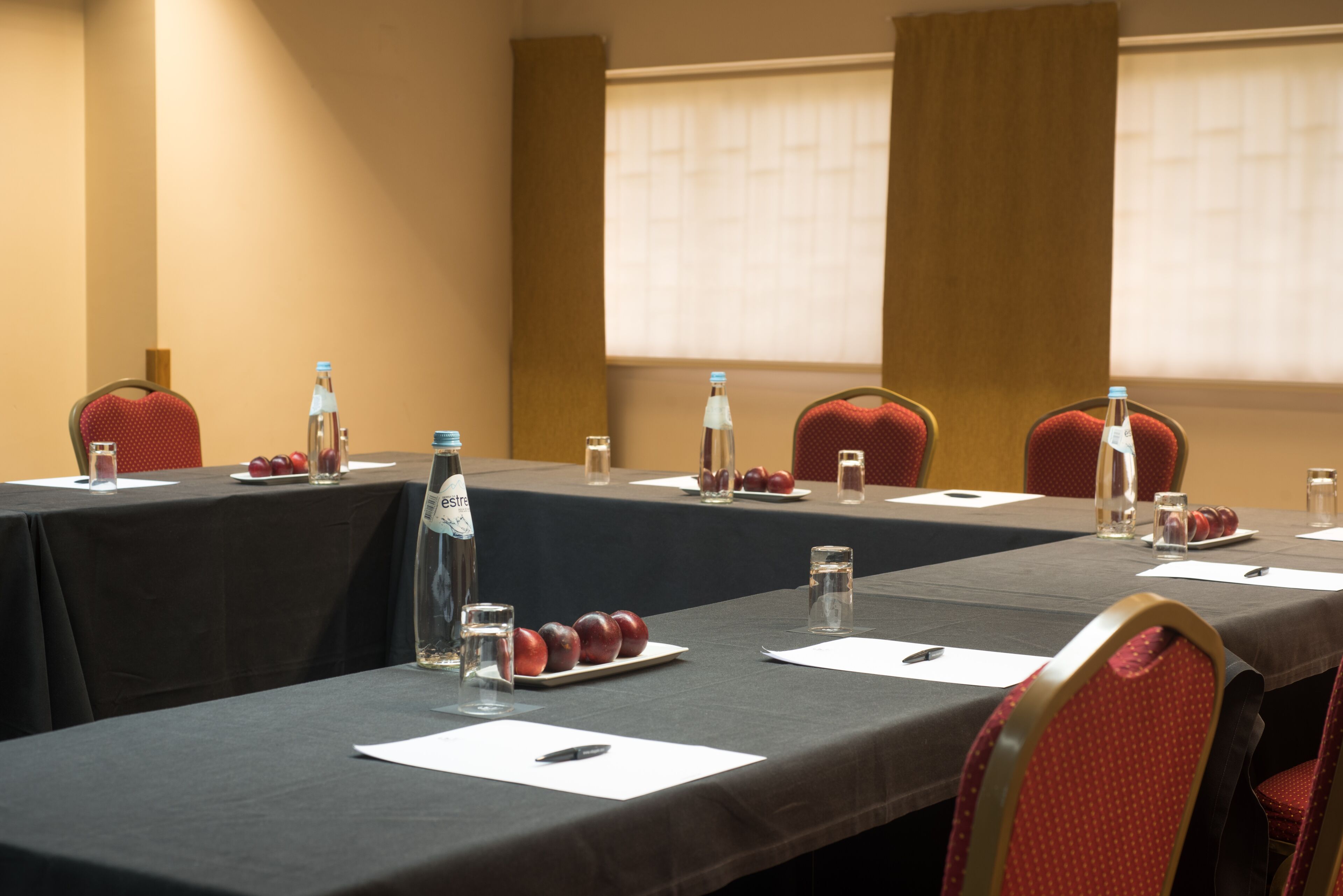 Un salón de conferencias con una mesa larga, sillas, botellas de agua y vasos.