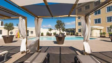 Outdoor pool, open 8:00 AM to 8:00 PM, pool umbrellas, sun loungers