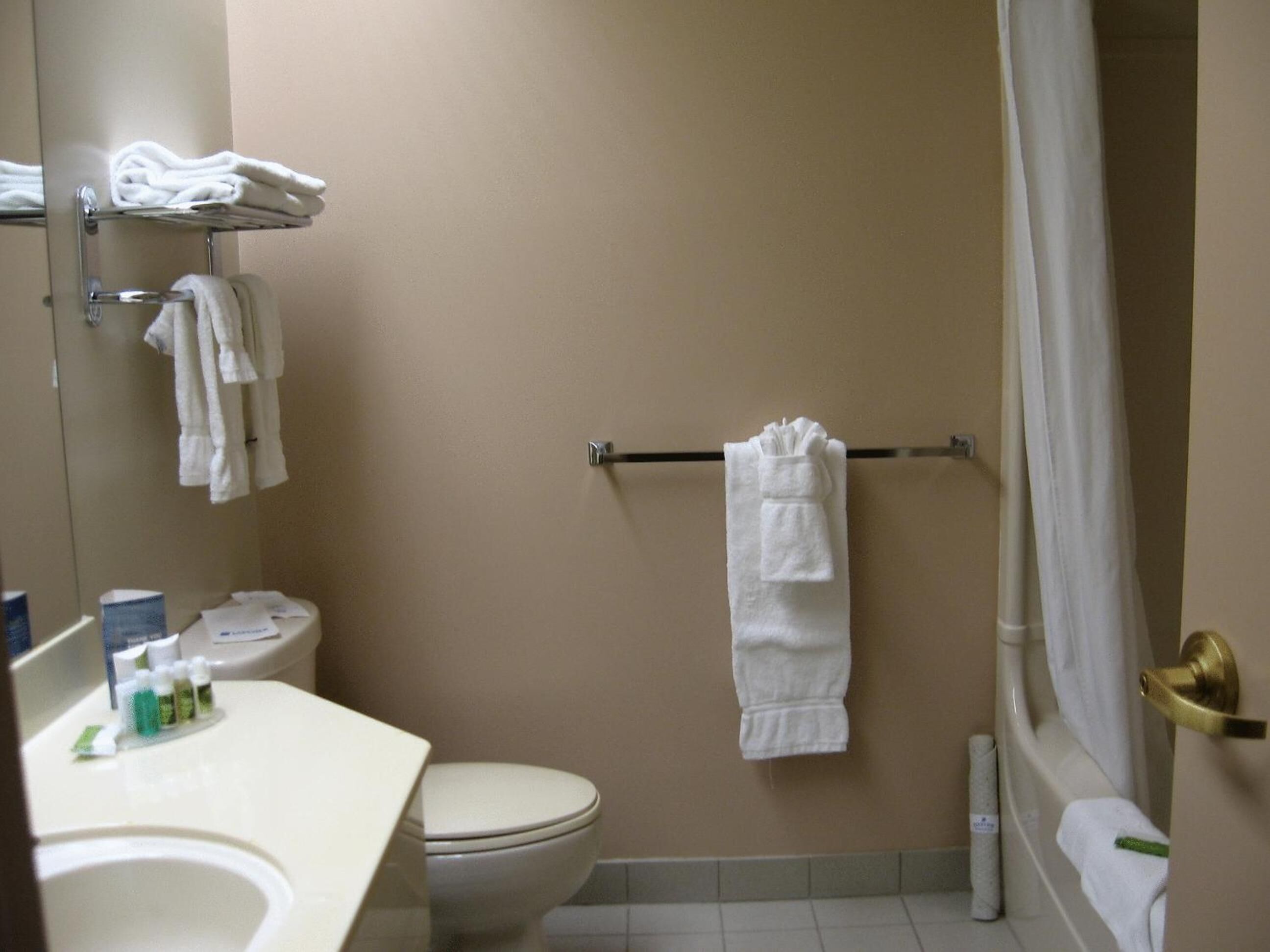 A bathroom with a toilet, sink, and a shower area.