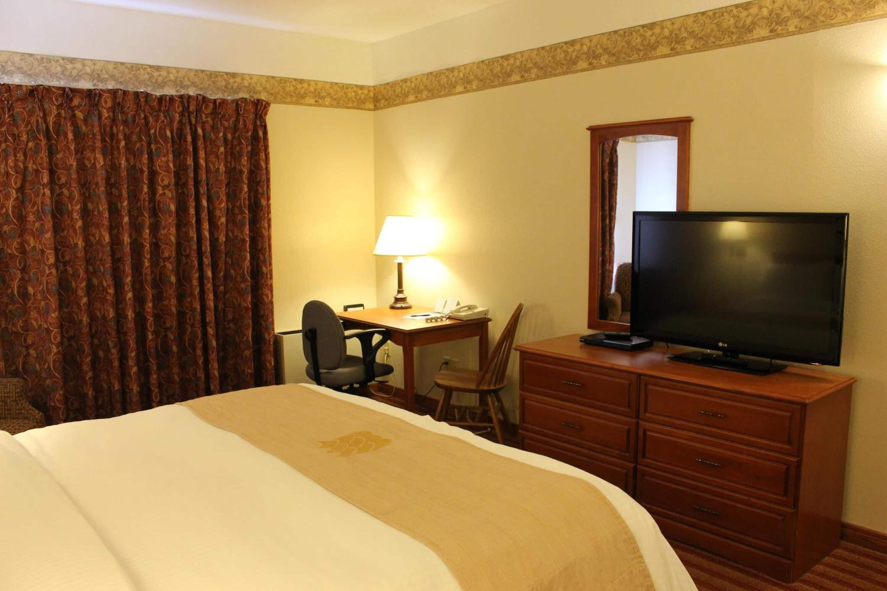 Een hotelkamer met een bed, een bureau met lamp, een televisie en een dressoir.