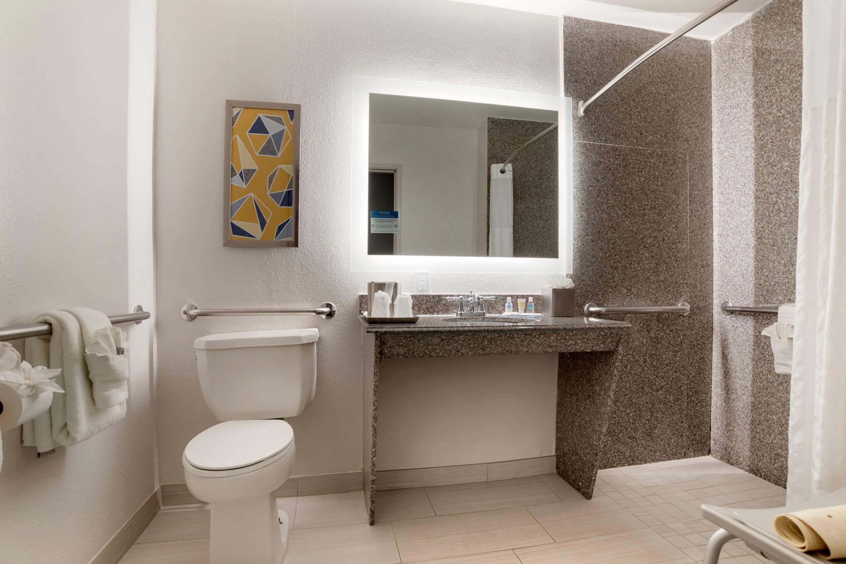 A bathroom with a toilet, a sink, a mirror, and a shower area.