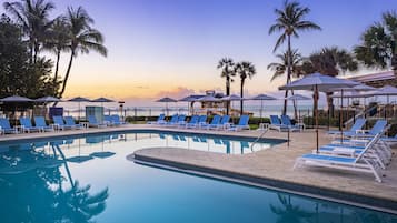 Outdoor pool, pool umbrellas, pool loungers