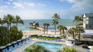 Outdoor pool, pool umbrellas, pool loungers