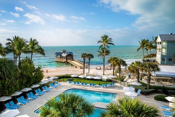 Outdoor pool, pool umbrellas, sun loungers