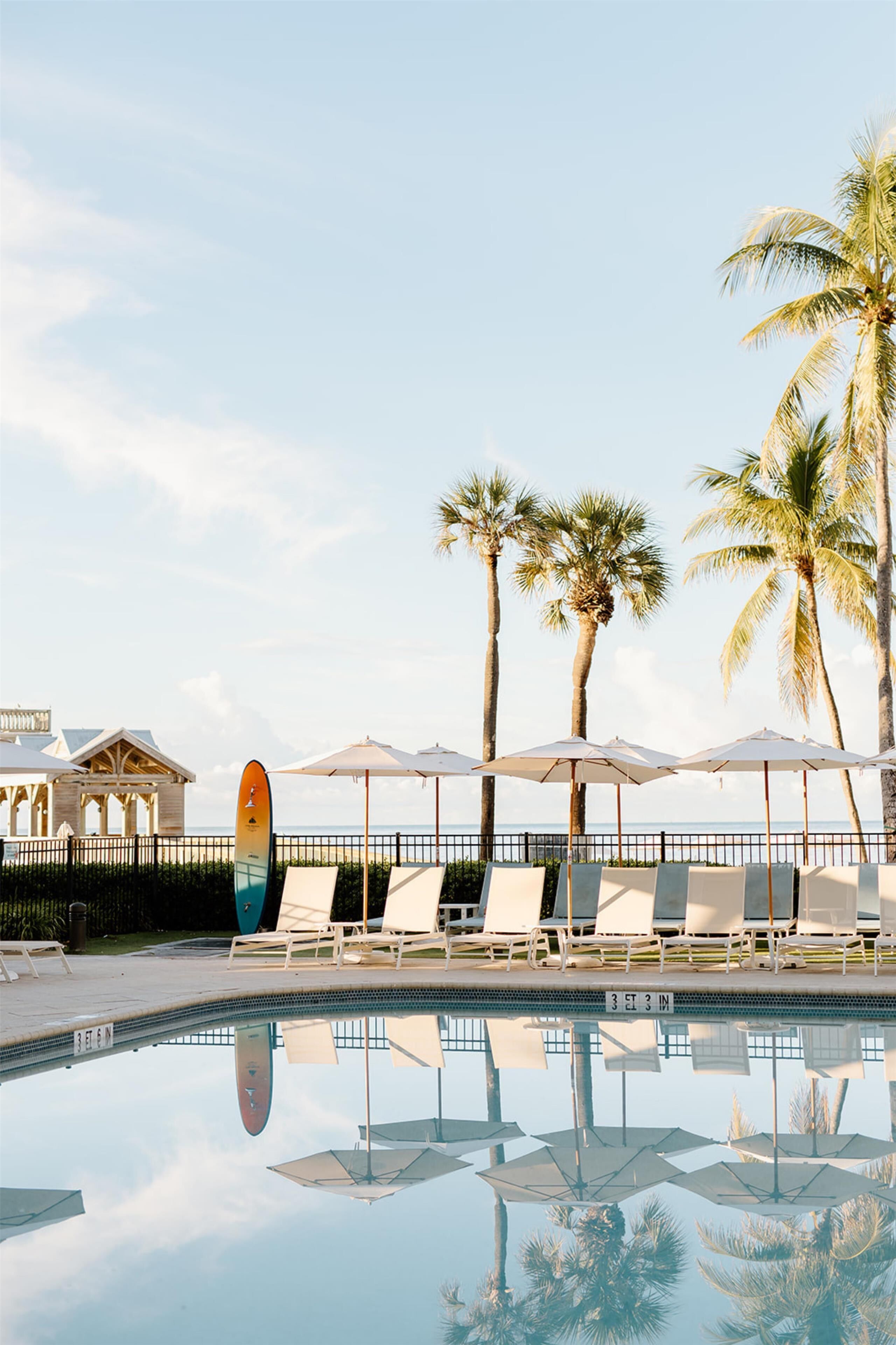 Una piscina al aire libre, sombrillas, sillones reclinables de piscina