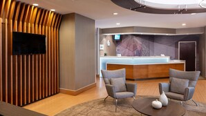 A modern reception area with a wooden panel wall, a flat-screen TV, and a reception desk. Two grey armchairs and a small table with vases are in the foreground. - Sonesta Select Nashville Airport Suites (Nashville)