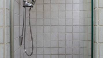 A glass-enclosed shower with a handheld showerhead and a fixed wall-mounted showerhead.
