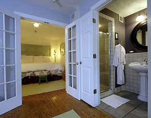 A bathroom with a shower, a sink, and a mirror. - Fife And Drum Inn (Williamsburg)