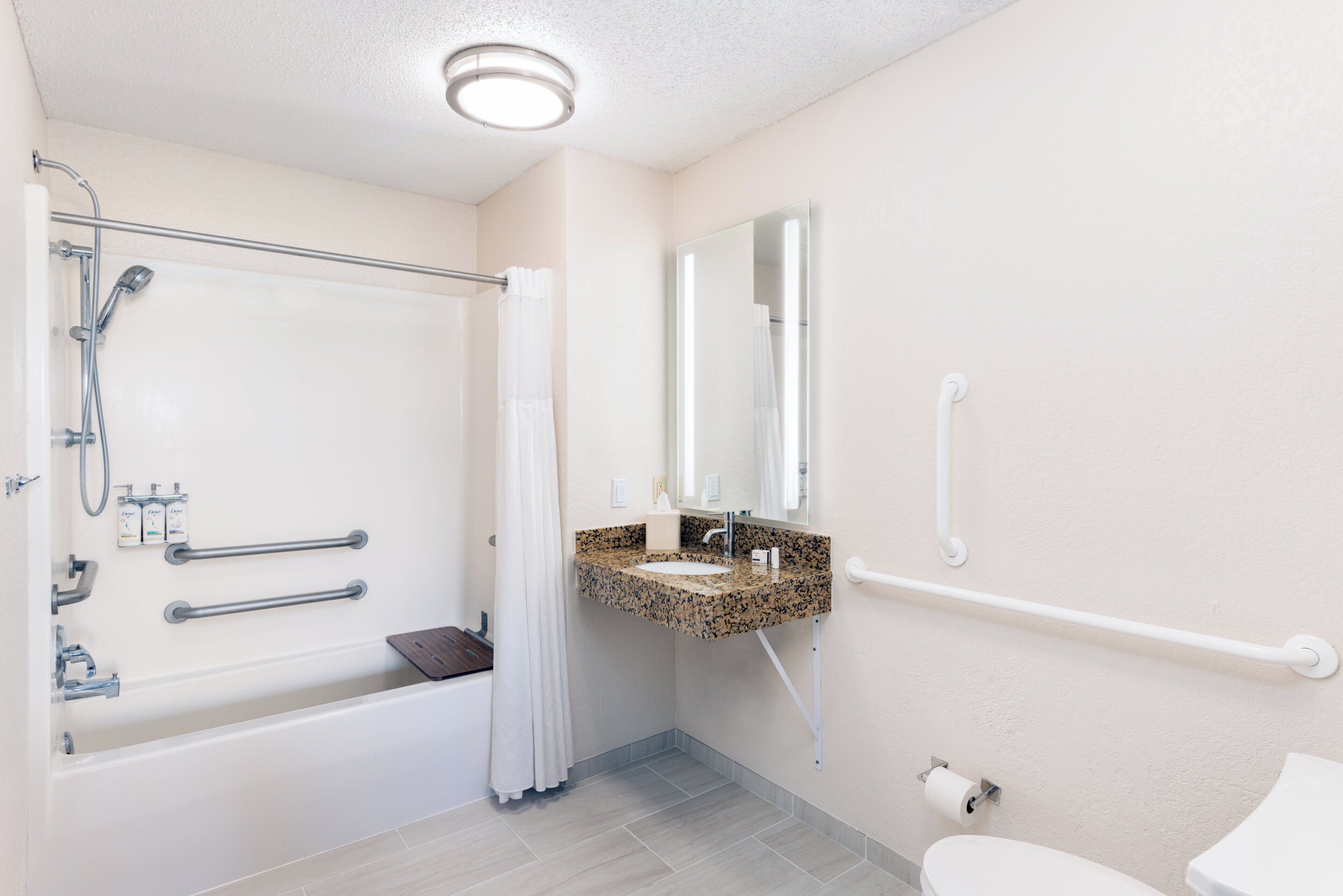 A bathroom with a bathtub, a shower, a sink with a granite countertop, a mirror, and a toilet.