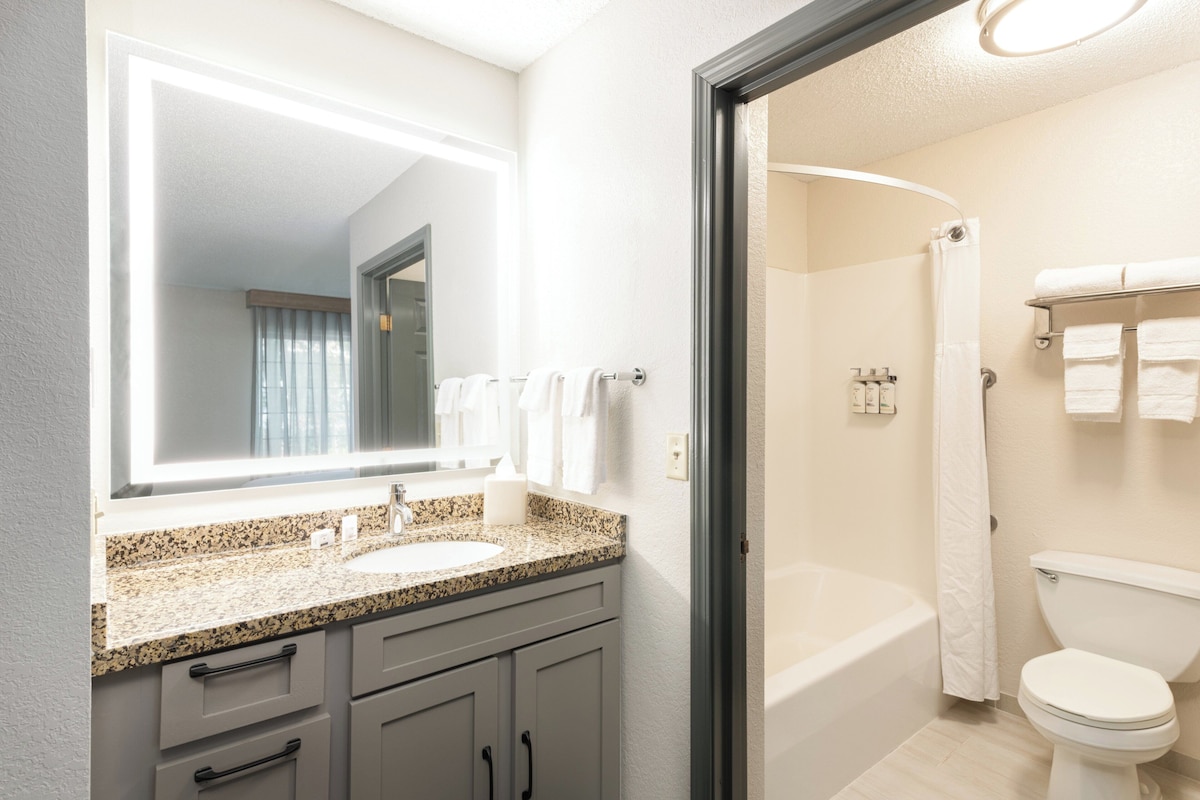 Un baño moderno con lavamanos de granito, un espejo grande, una bañera y un inodoro.