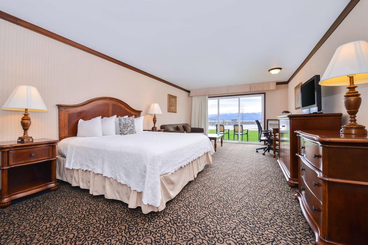 Habitación de hotel con una cama grande, dos mesitas de noche con lámparas, un aparador, un televisor y vistas a un paisaje verde a través de un ventanal.