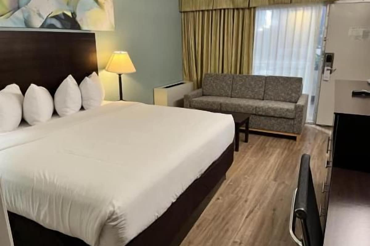 Une chambre d’hôtel avec un grand lit, un canapé, une lampe et un téléviseur.