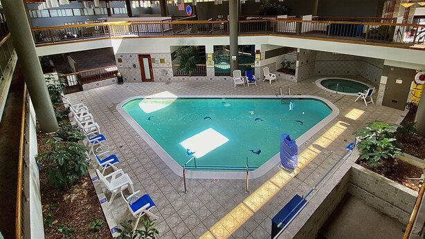 Une piscine intérieure dotée de plusieurs couloirs, entourée de chaises longues et protégée par un parasol.