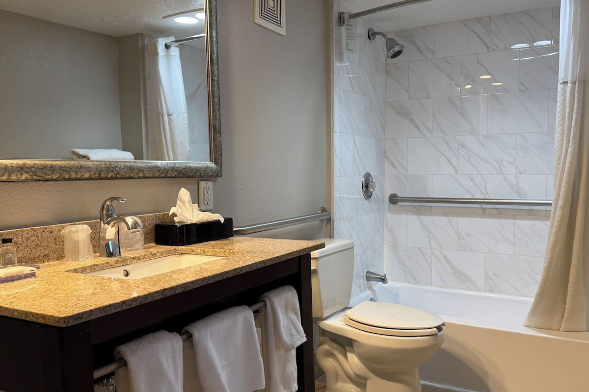 Habitación, 1 cama King size, con acceso para personas discapacitadas (Exterior Corridor) | Baño | Amenidades de baño gratuitas, secadora de cabello, toallas, jabón