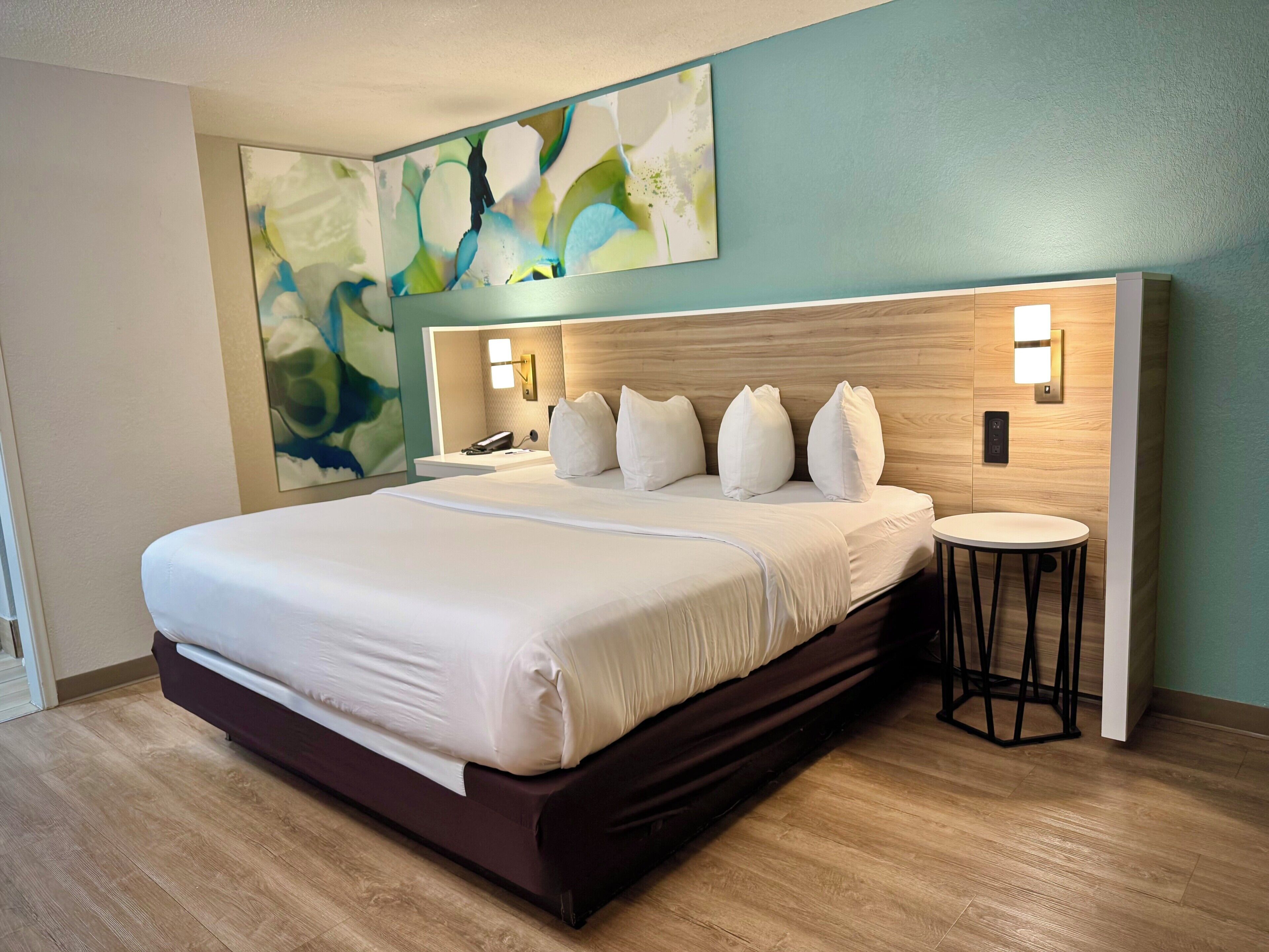 Premium bedding, pillowtop beds, desk, blackout drapes