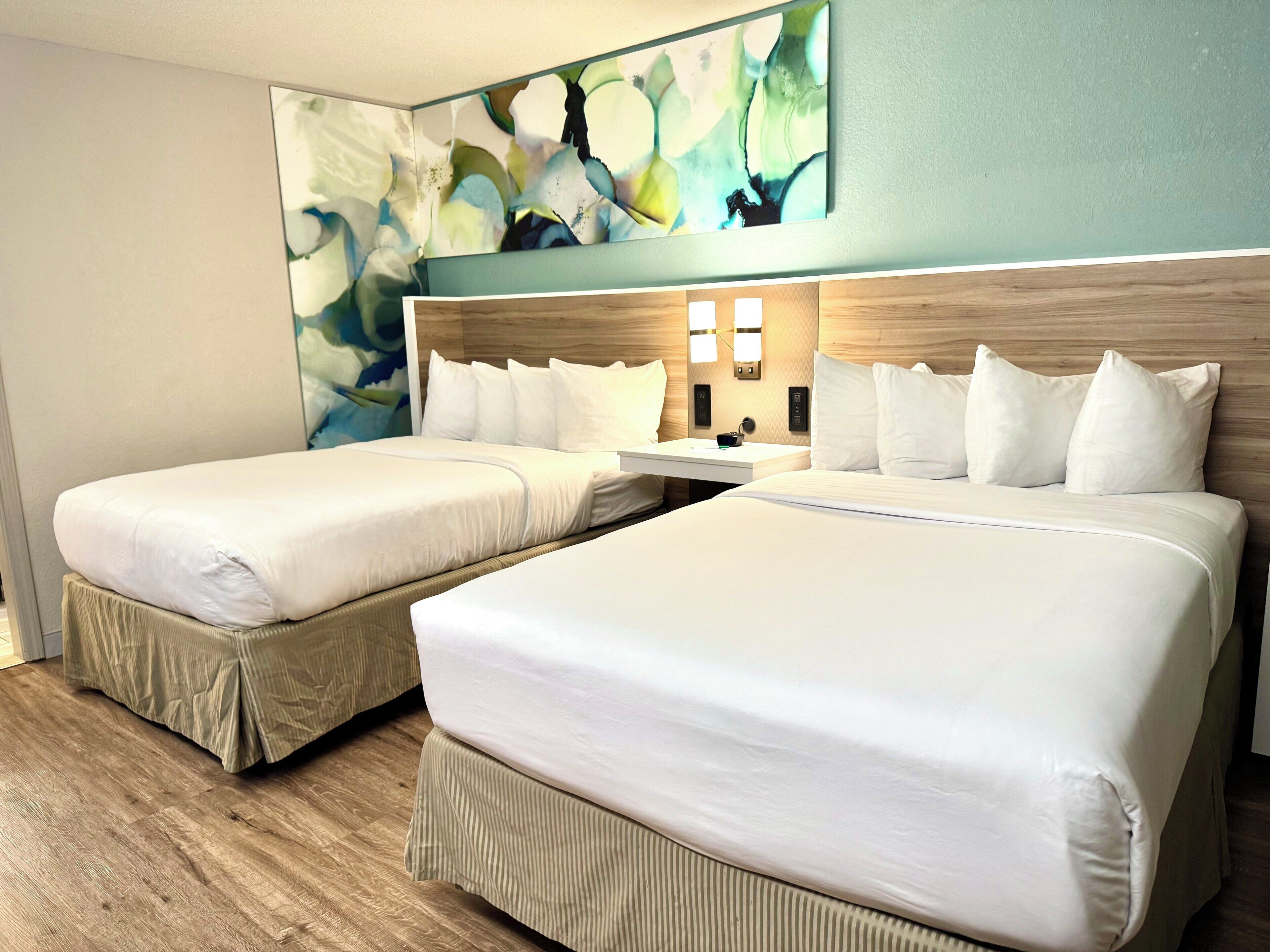 Premium bedding, pillowtop beds, desk, blackout drapes