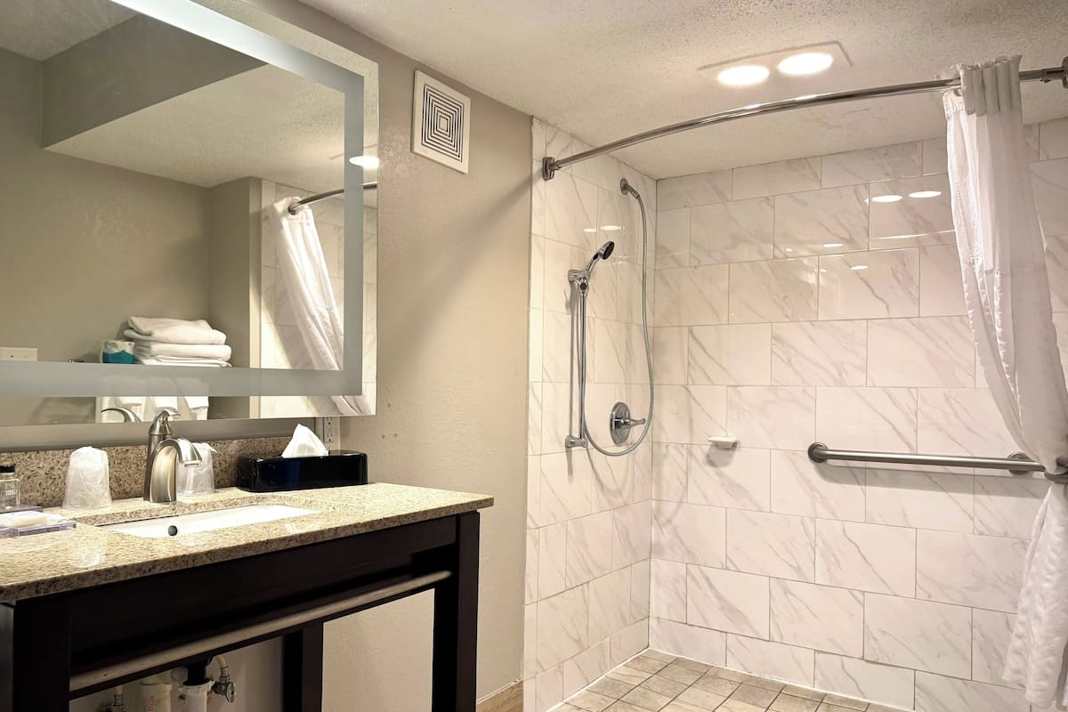 Habitación, 1 cama King size, con acceso para personas discapacitadas, para no fumadores | Baño | Amenidades de baño gratuitas, secadora de cabello, toallas, jabón