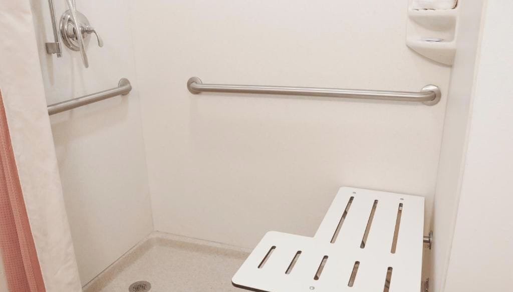 A bathroom with a shower, grab bars, and a white toilet.