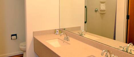 Un baño con lavamanos doble, un espejo grande y una ducha visible a través de un vidrio.