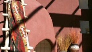 Un bâtiment à la façade incurvée, avec une échelle et des plantes en pot.