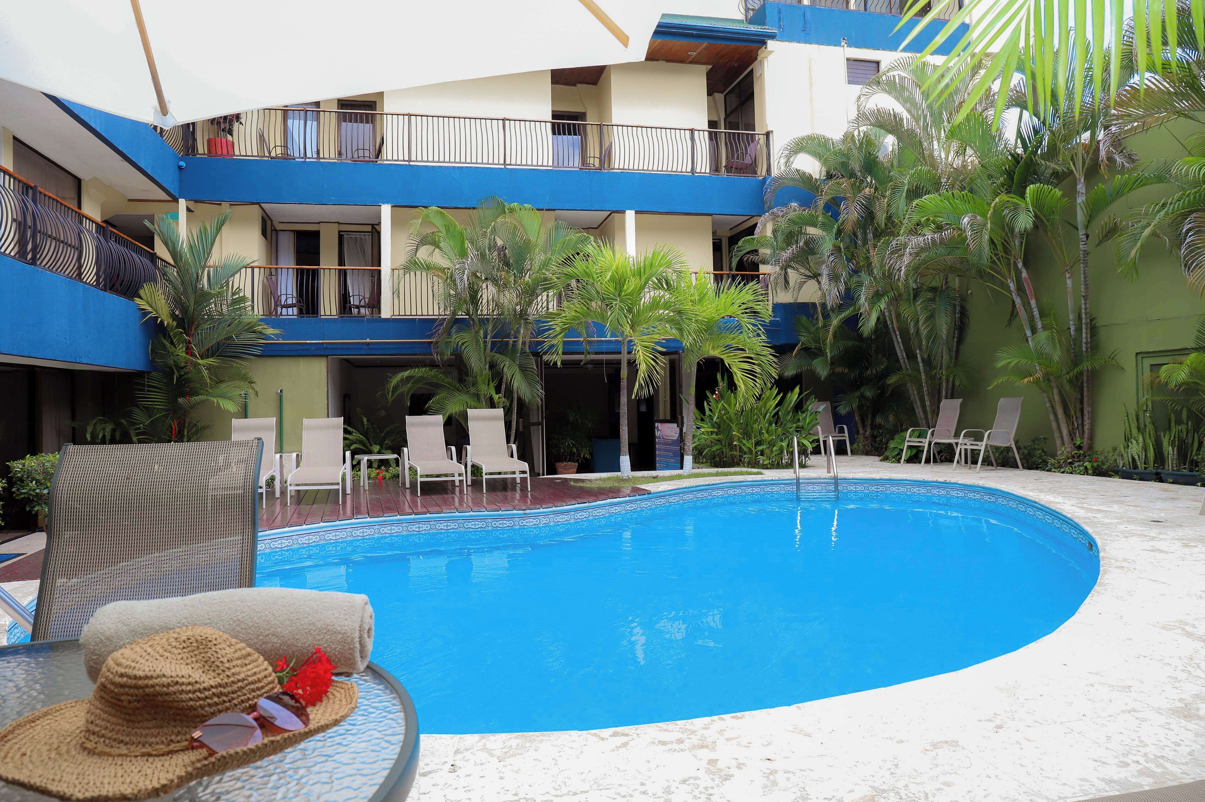 室外泳池；躺椅