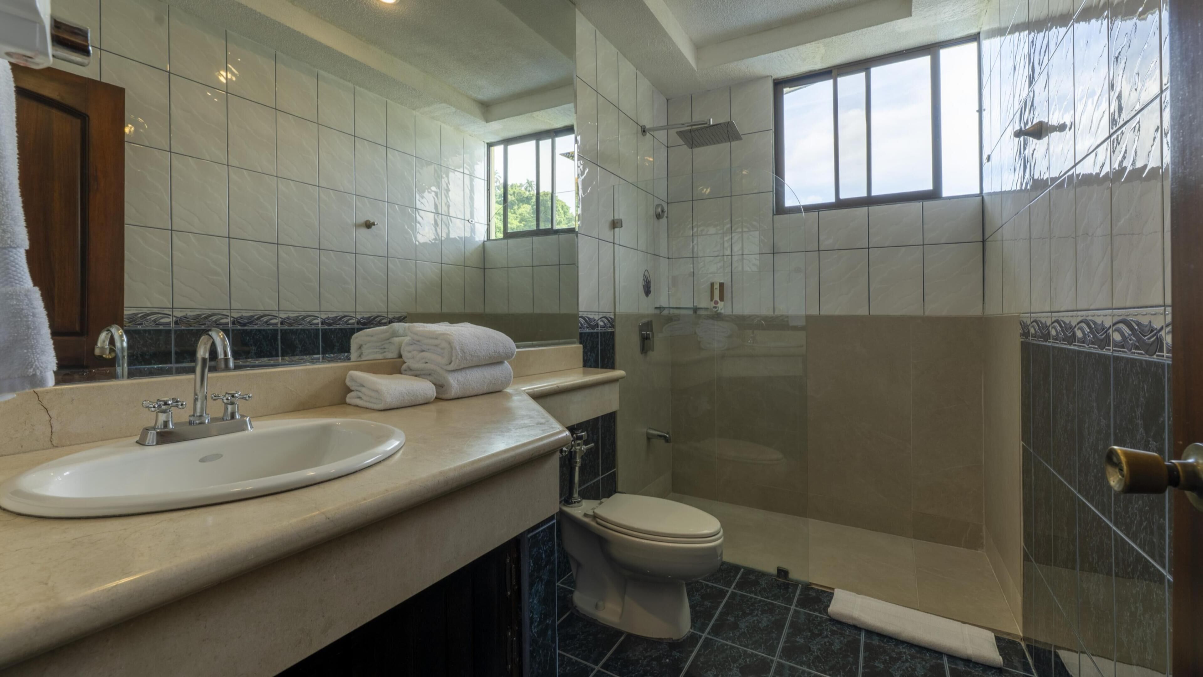 Un baño con lavamanos, inodoro y ducha.
