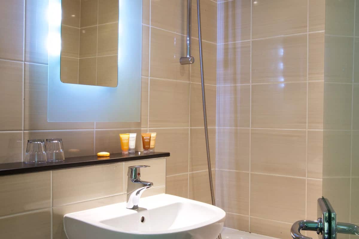 combined shower/bathtub, free toiletries, hair dryer, towels