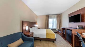 A hotel room with a bed, a desk, a TV, a sofa, and a minibar.