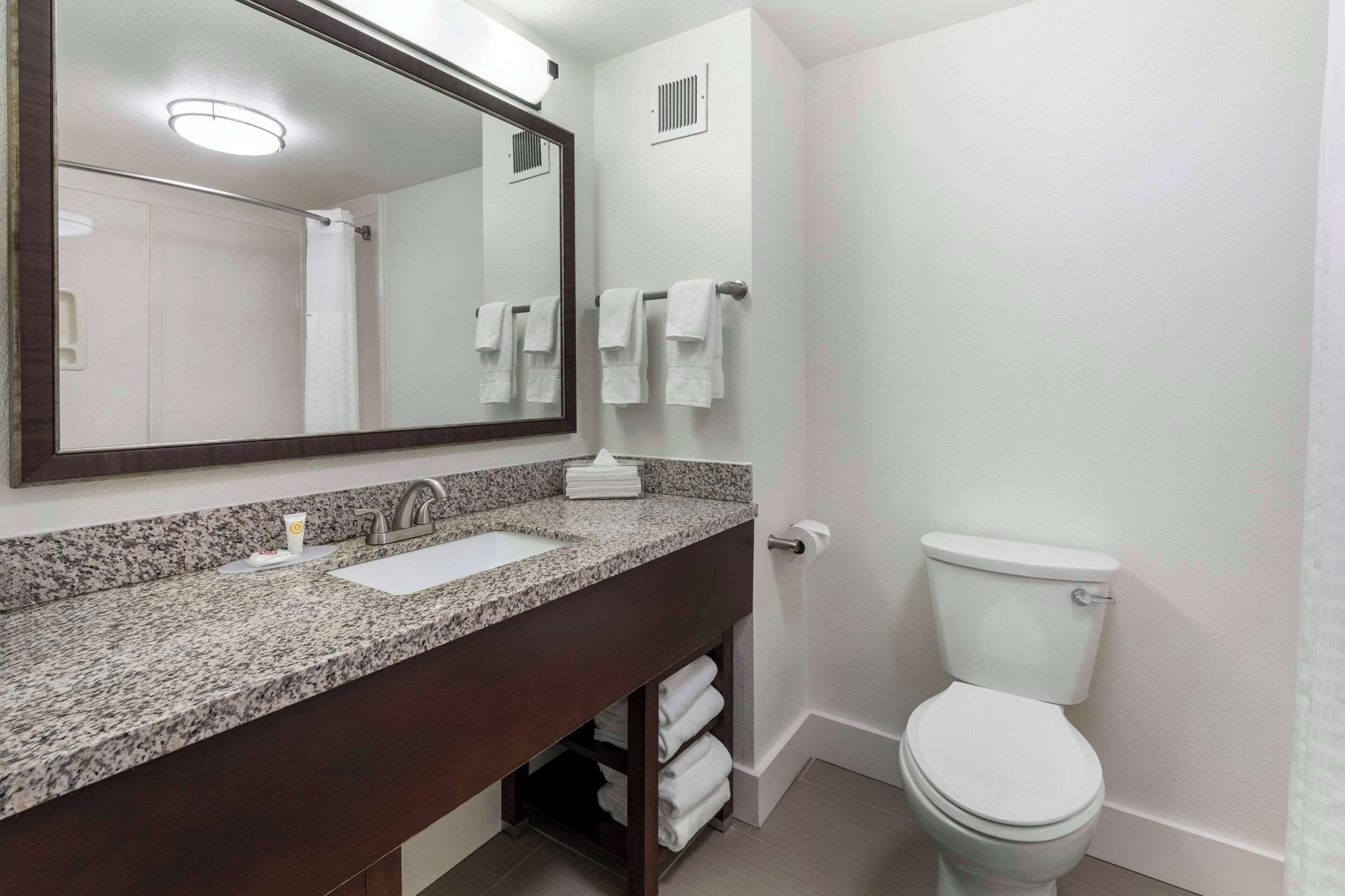 A bathroom with a granite countertop sink, a mirror, a toilet, and a towel rack.
