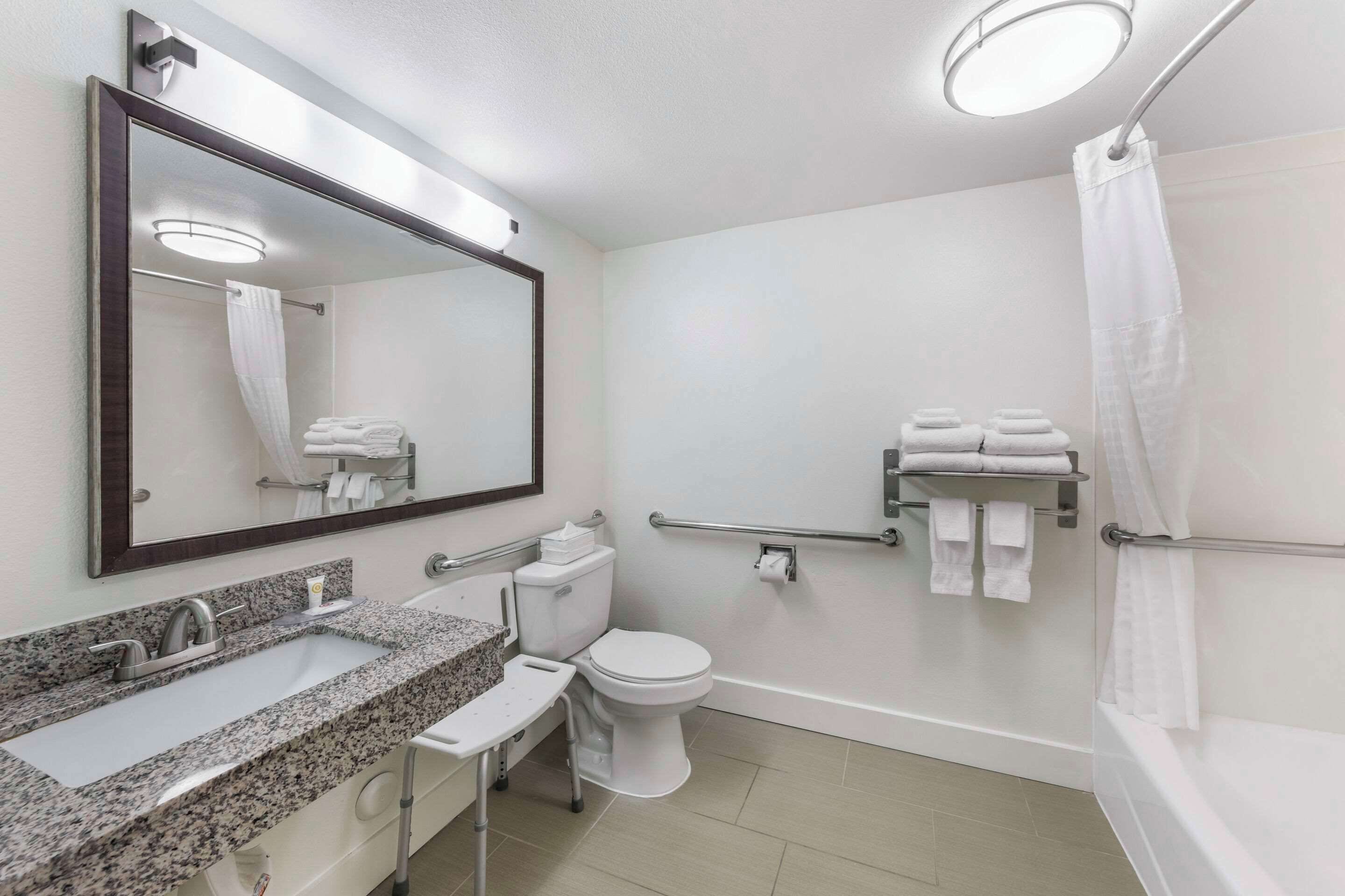 A modern bathroom with a granite sink, a toilet, a shower with a glass door, and a mirror.