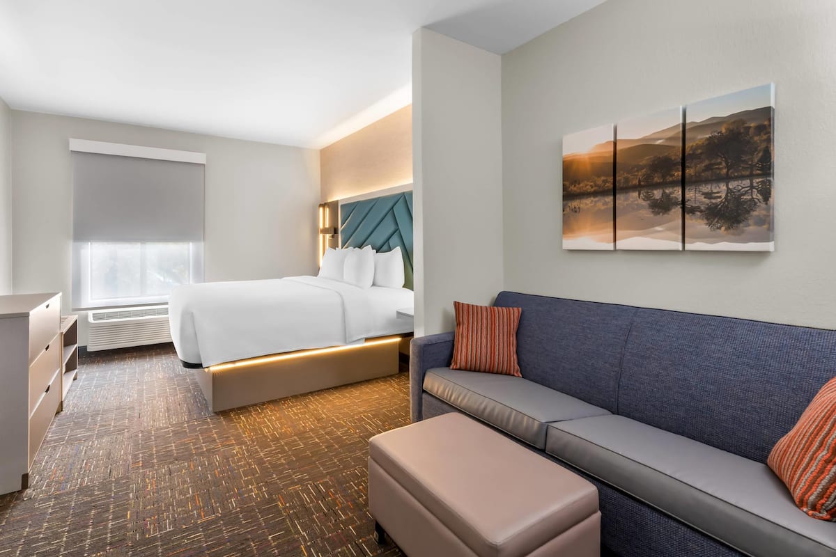 A hotel room with a bed, a sofa, a desk, and a large window with blinds.
