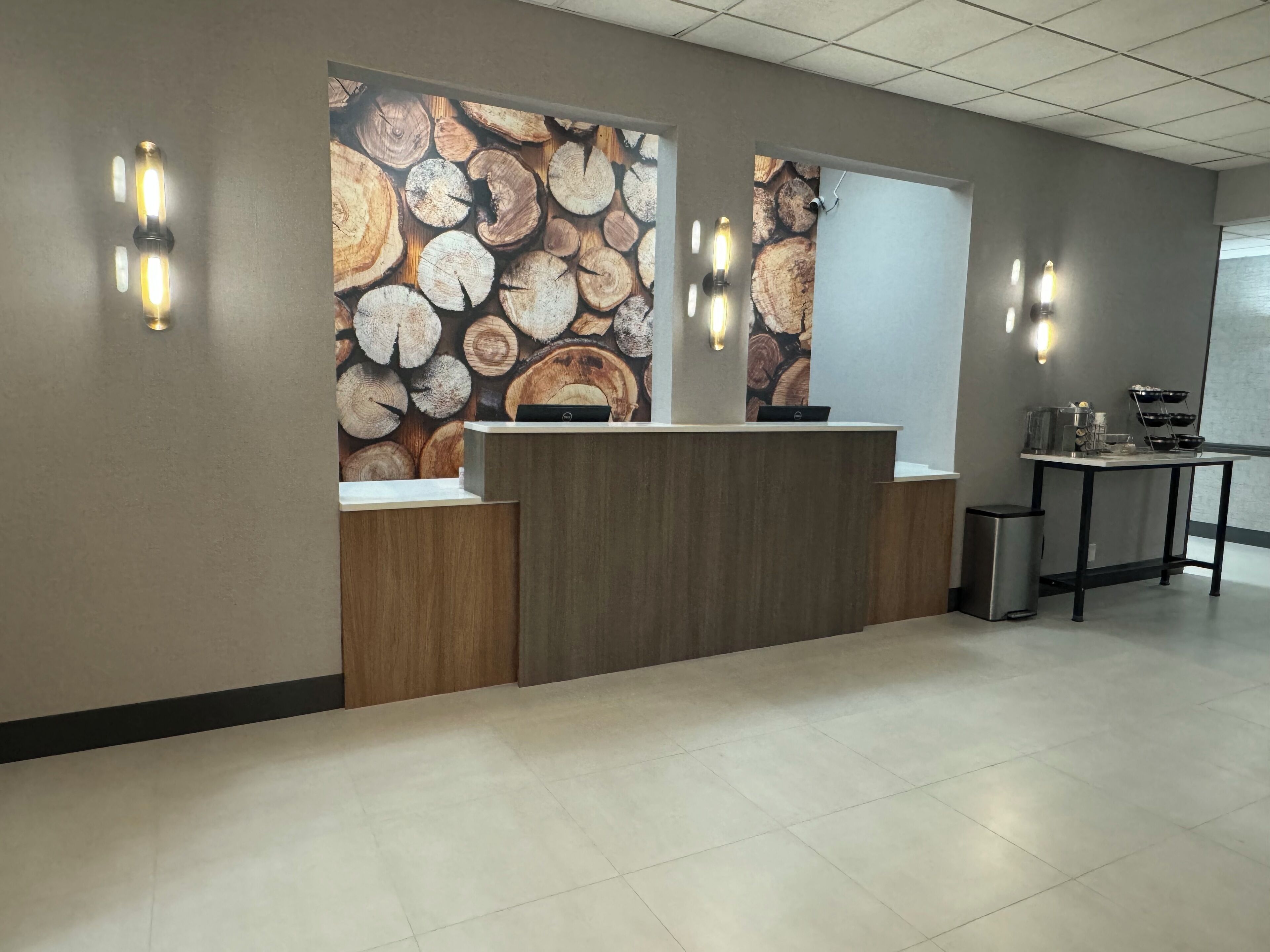 Un espace d’accueil doté d’un comptoir en bois, d’un mur décoré d’un motif de rondins de bois et d’une petite table avec des commodités.