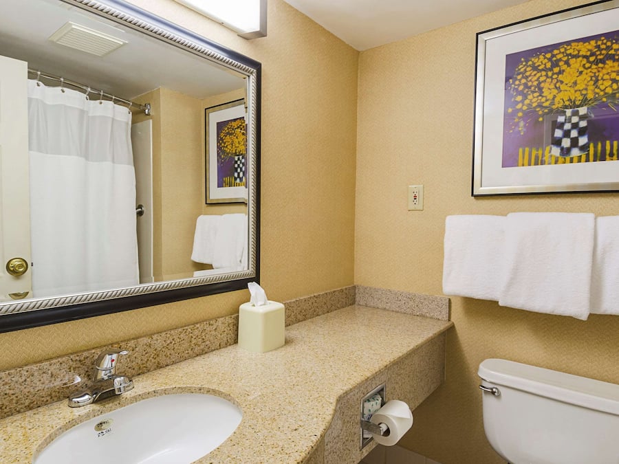 Une salle de bain équipée d’un lavabo, d’un miroir, de toilettes et d’une œuvre d’art encadrée accrochée au mur.