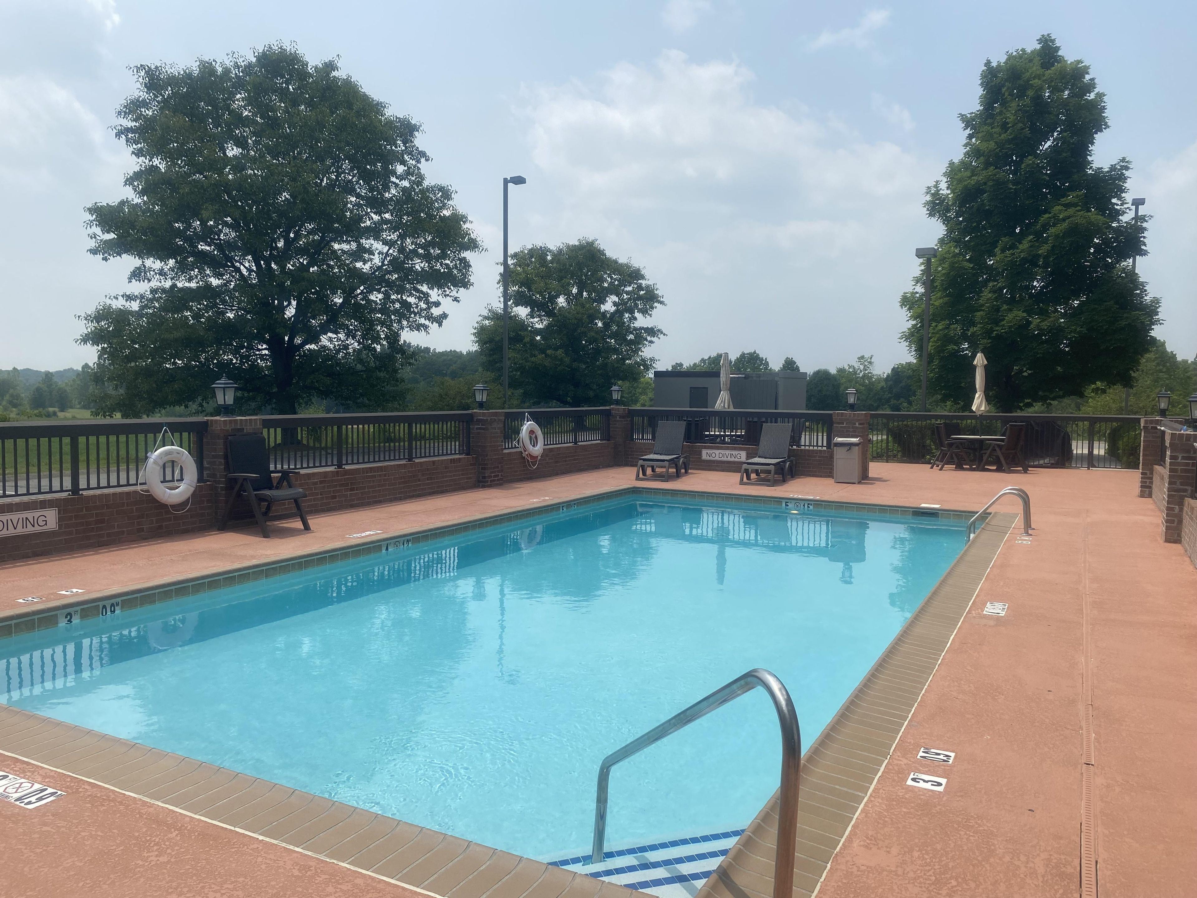 A swimming pool with a lifebuoy, lounge chairs, and a 'No Diving' sign.