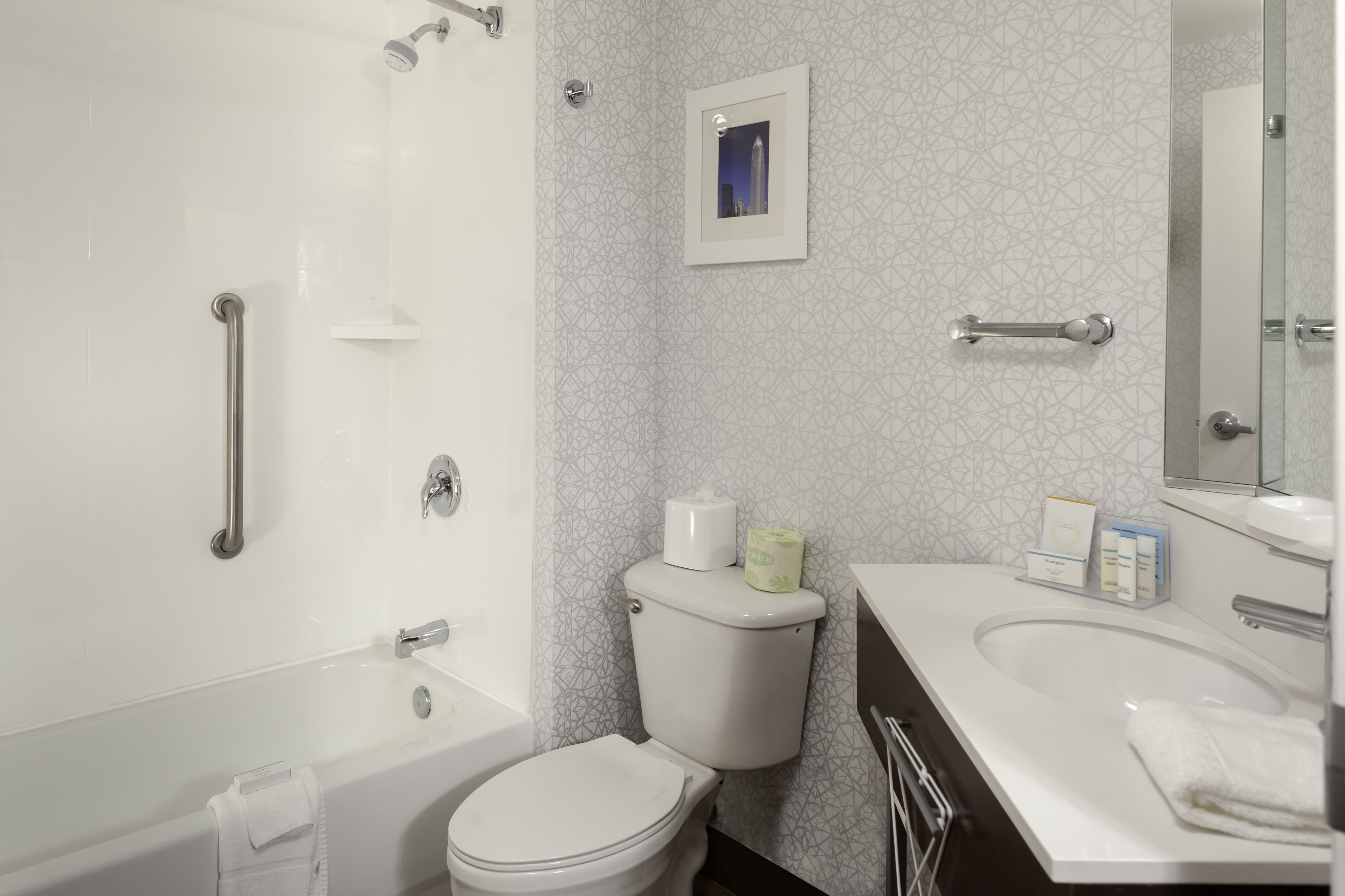 combined shower/bathtub, free toiletries, hair dryer, towels