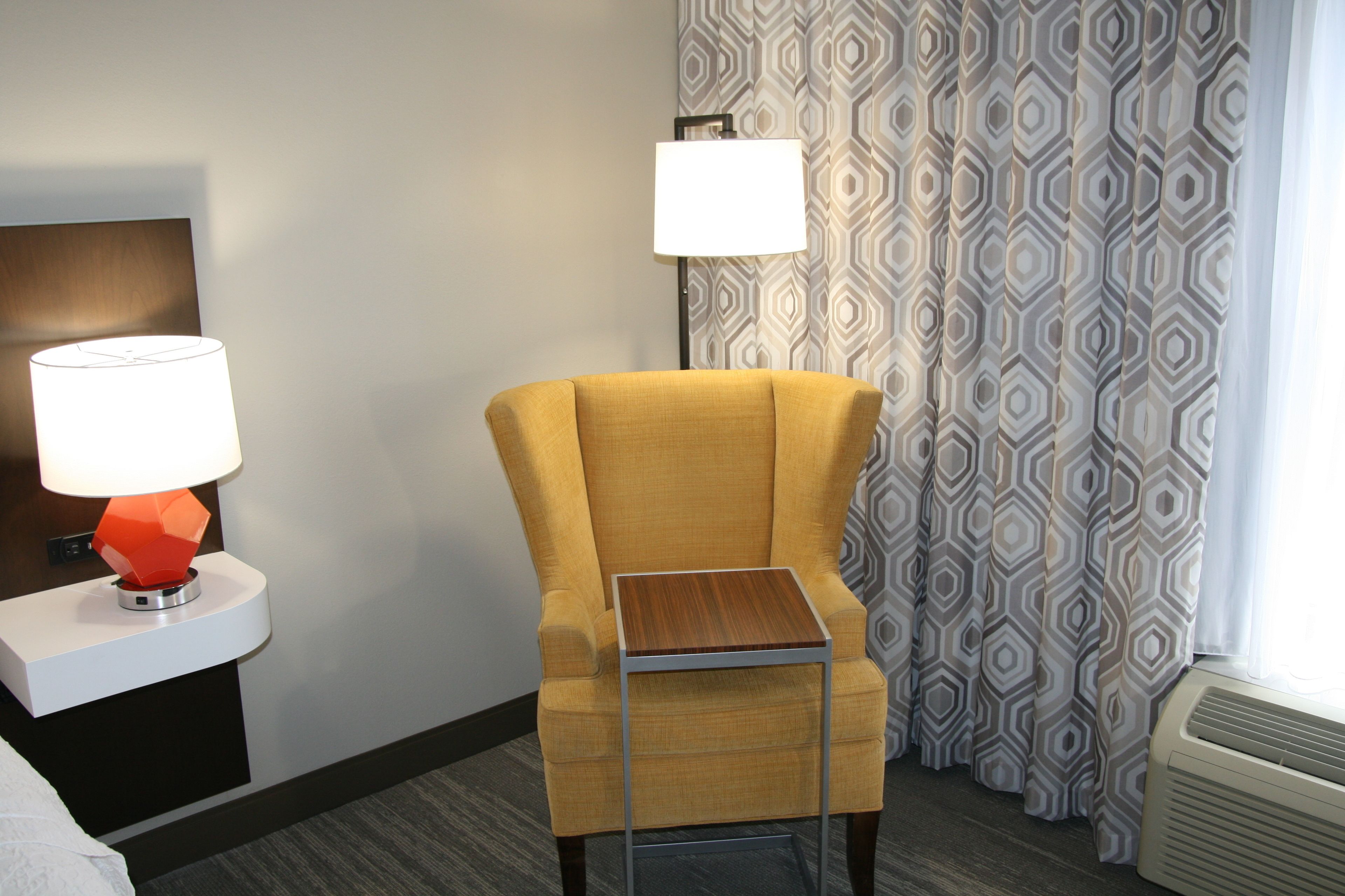 premium bedding, desk, laptop workspace, blackout curtains