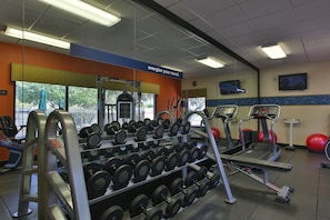 A gym with weightlifting equipment, treadmills, and exercise balls.