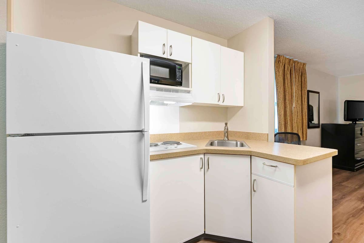 fridge, microwave, stovetop, coffee/tea maker