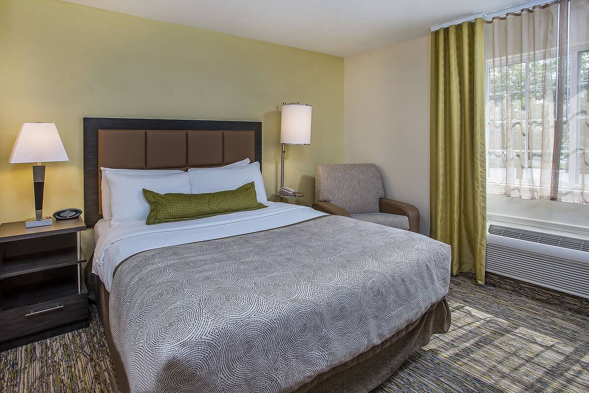 A hotel room with a large bed, two bedside lamps, a chair, a nightstand, and a window with curtains.