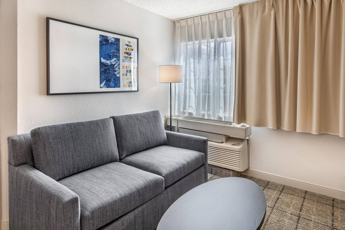 Een moderne hotelkamer met een grijze bank, een ronde tafel, een vloerlamp en een groot raam met dunne gordijnen.