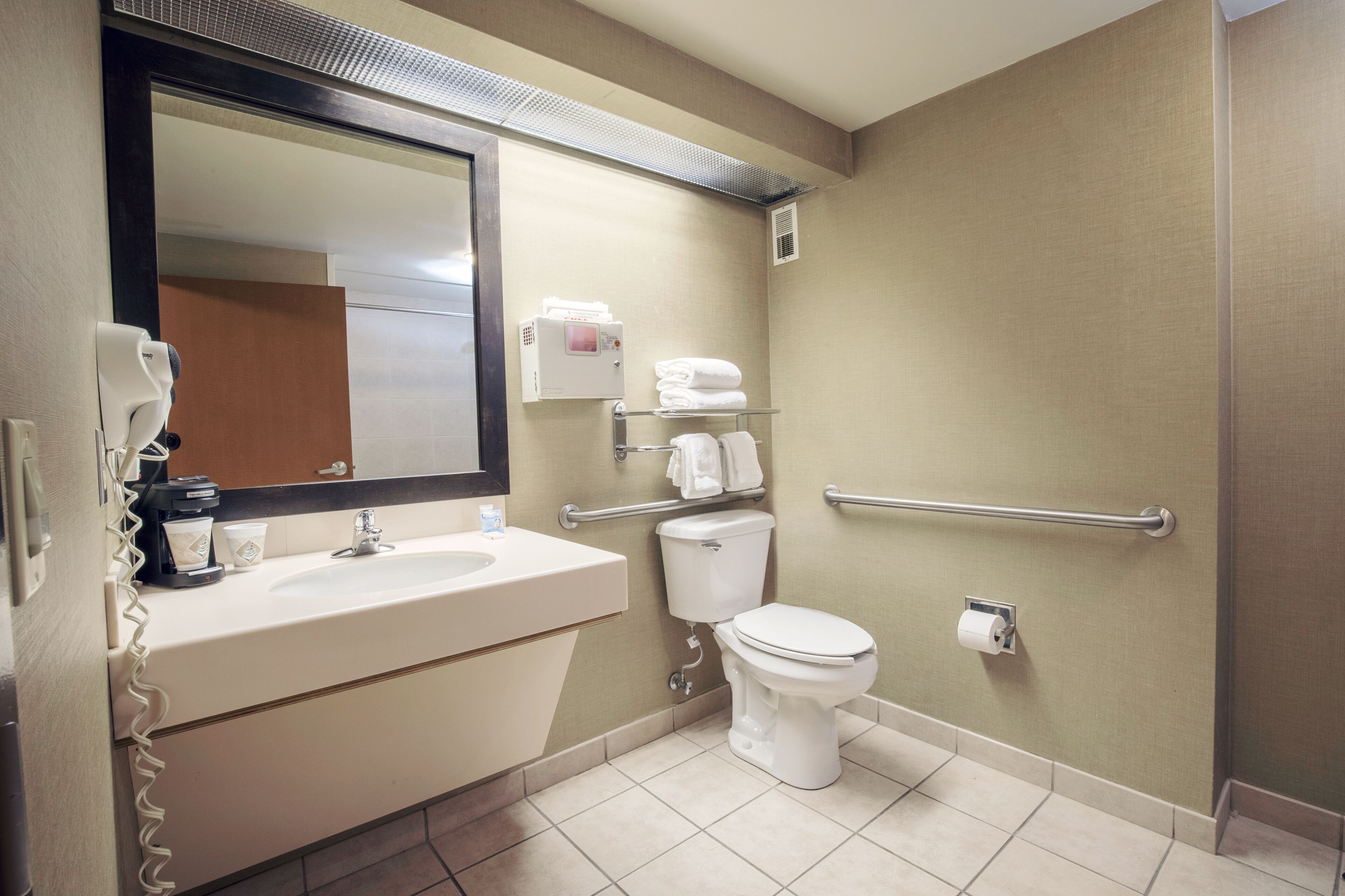 A bathroom with a sink, mirror, toilet, and handrails.