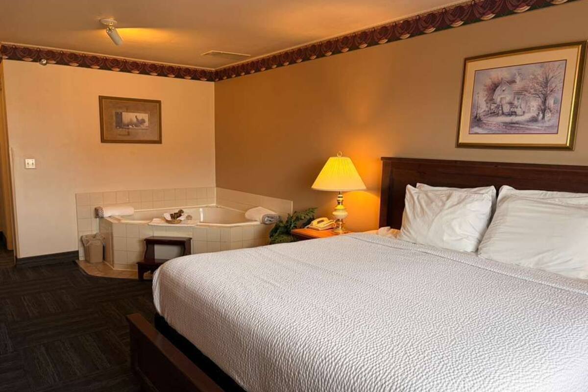 A hotel room with a large bed, a bathtub, a bedside lamp, and a framed picture on the wall.