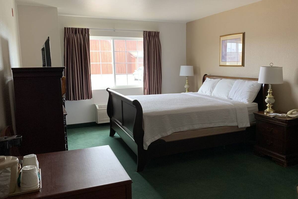 A hotel room with a bed, bedside lamps, a desk with a telephone, a plant, and a window with curtains.