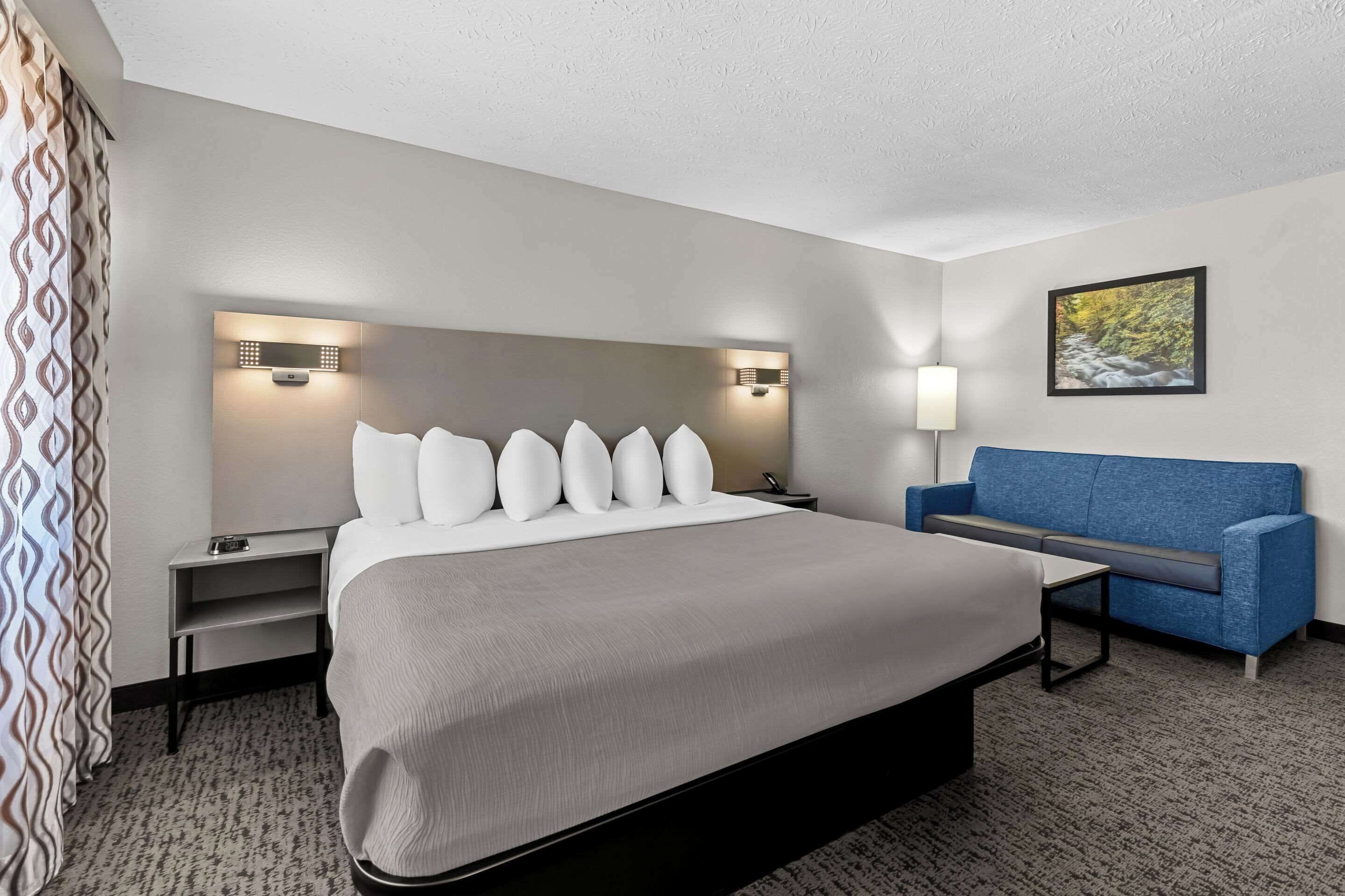 A hotel room with a large bed, a blue sofa, a desk, and a wall-mounted TV.