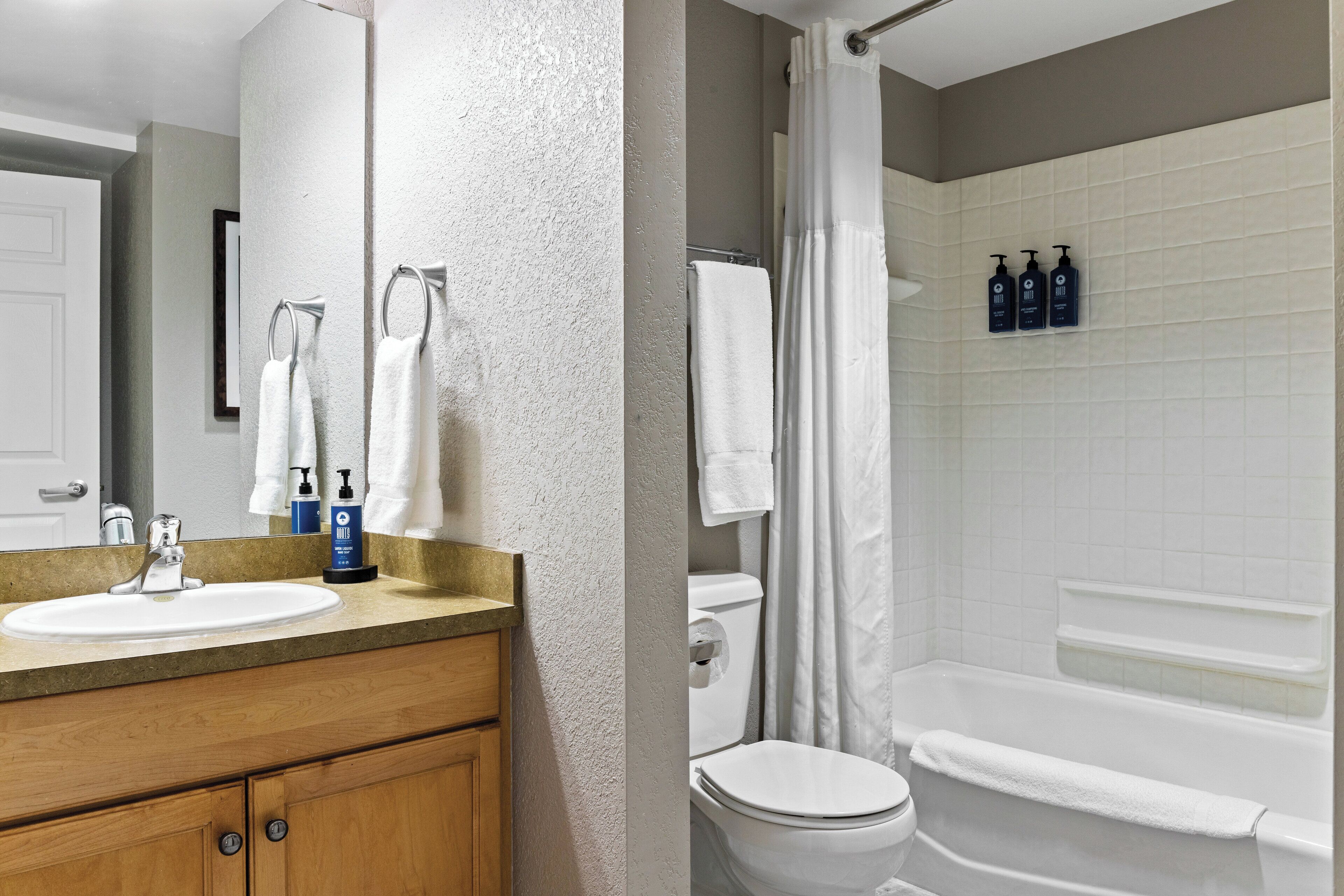 shower, free toiletries, towels, soap