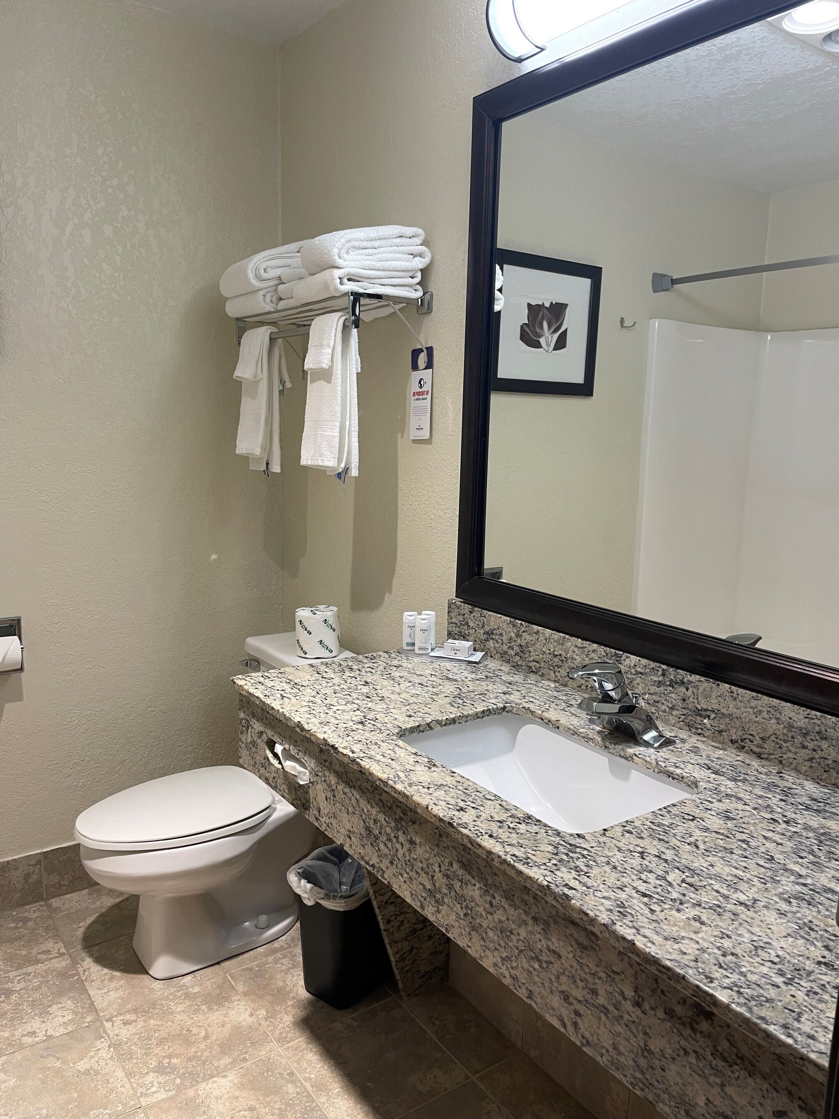 combined shower/bathtub, hydromassage showerhead, free toiletries