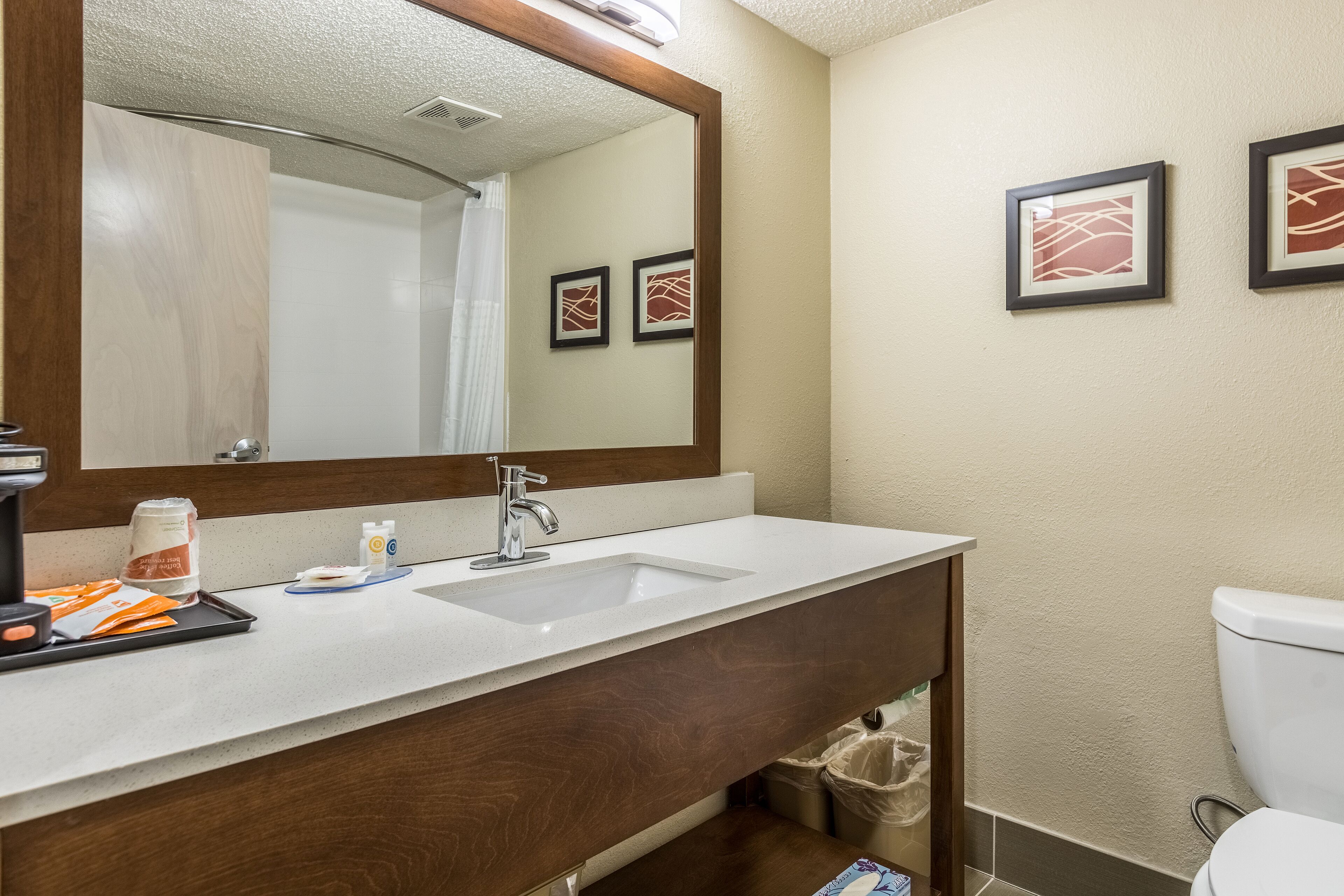 A bathroom with a white sink, a mirror, and two framed pictures on the wall.