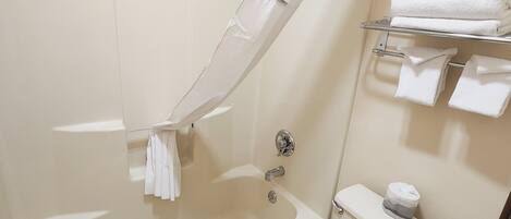 Une salle de bain avec une baignoire, des toilettes et un porte-serviettes.