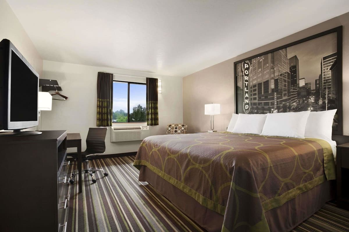 Une chambre d’hôtel avec un lit, un bureau avec une télévision, une chaise, une fenêtre avec des rideaux, une lampe et une vue sur la ville.
