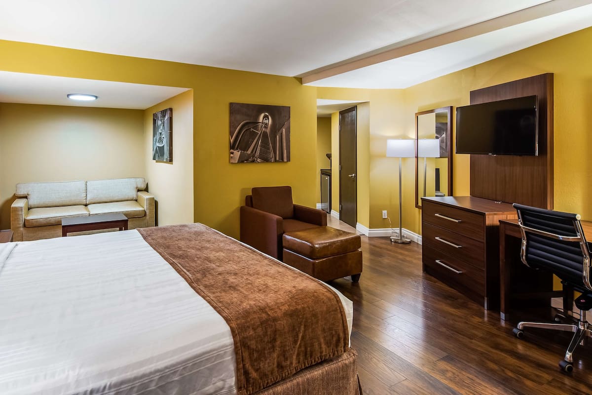 Une chambre d’hôtel comprenant un lit, un canapé, un bureau, une chaise, une télévision et des œuvres d’art accrochées aux murs.